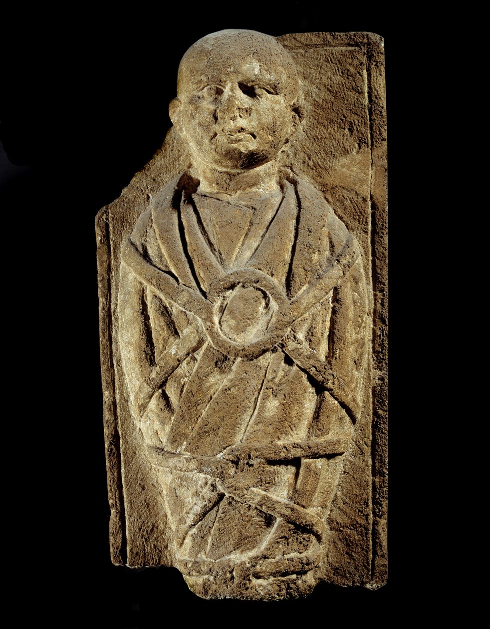 Art Gallo Romain: ex-Voto representando uma criança em bandos. Escultura em calcário. Saint Germain En Laye, Museu de Antiguidades de Gallo Roman Gallo Roman