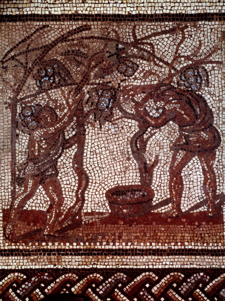 Galloromain art: Outono: apanha de maçãs e colheita. Pavimentação em mosaico representando um calendário rústico de Saint Romain en Gal. Fim do século II-início do século III. Saint Germain en Laye, Museu de Antiguidades de Gallo Roman Gallo Roman