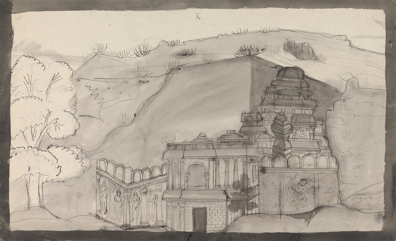 Interior de um Templo das Grutas de Ellora de Gangaram Chintaman Tambat