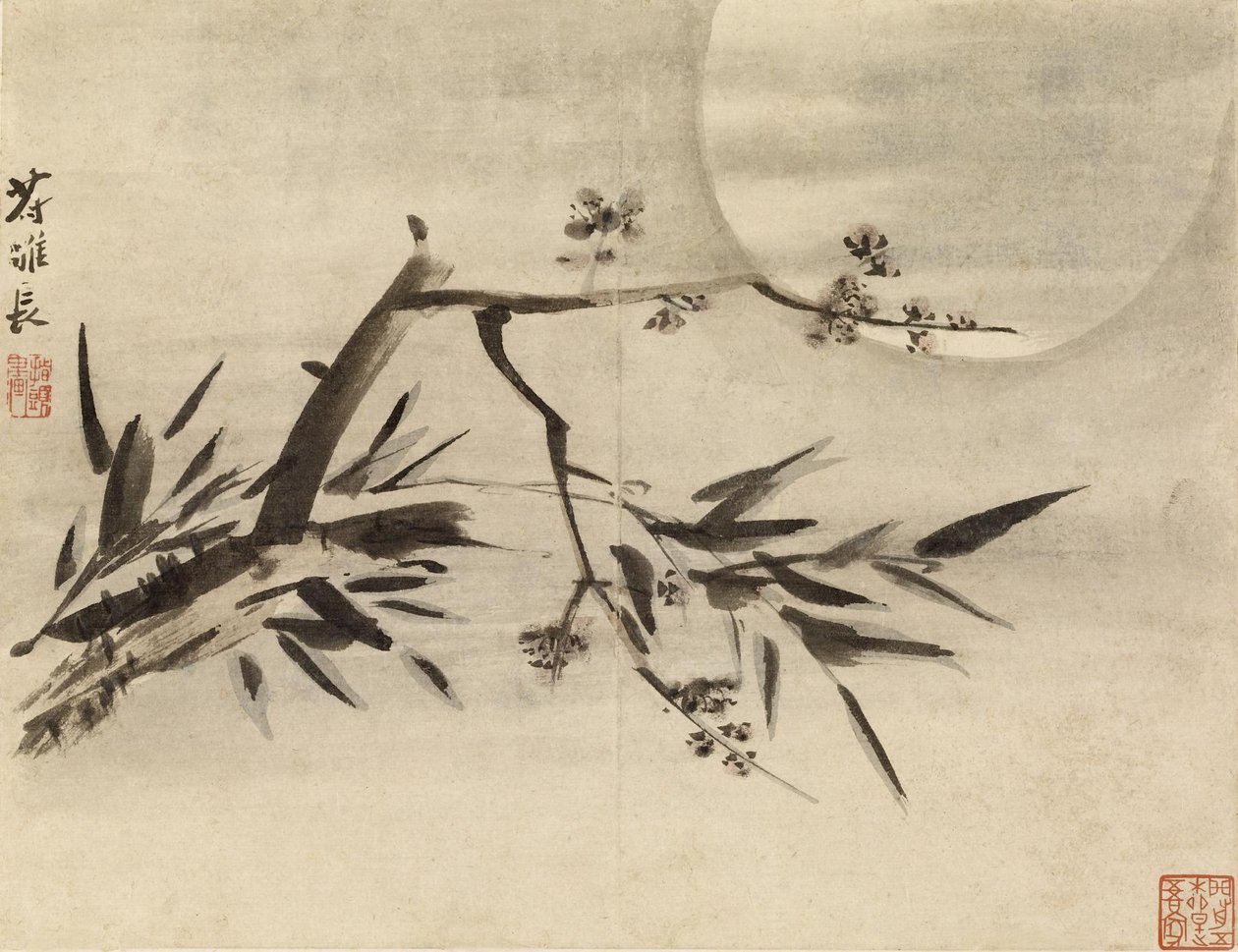 Bambu, flores de ameixeira e lua de Gao Qipei