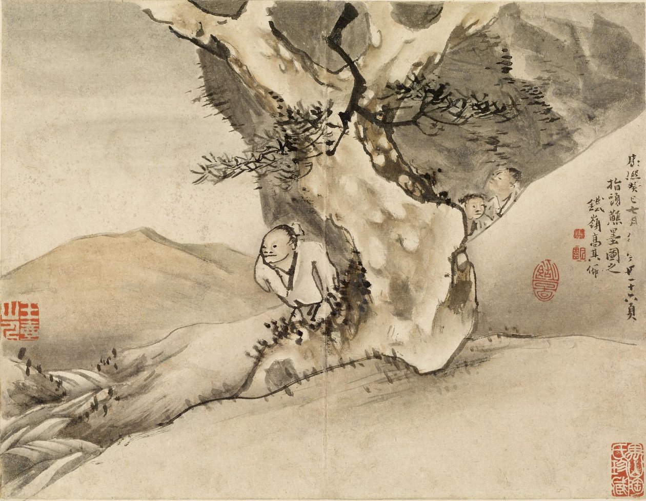 Homem a caminhar junto a uma árvore de Gao Qipei