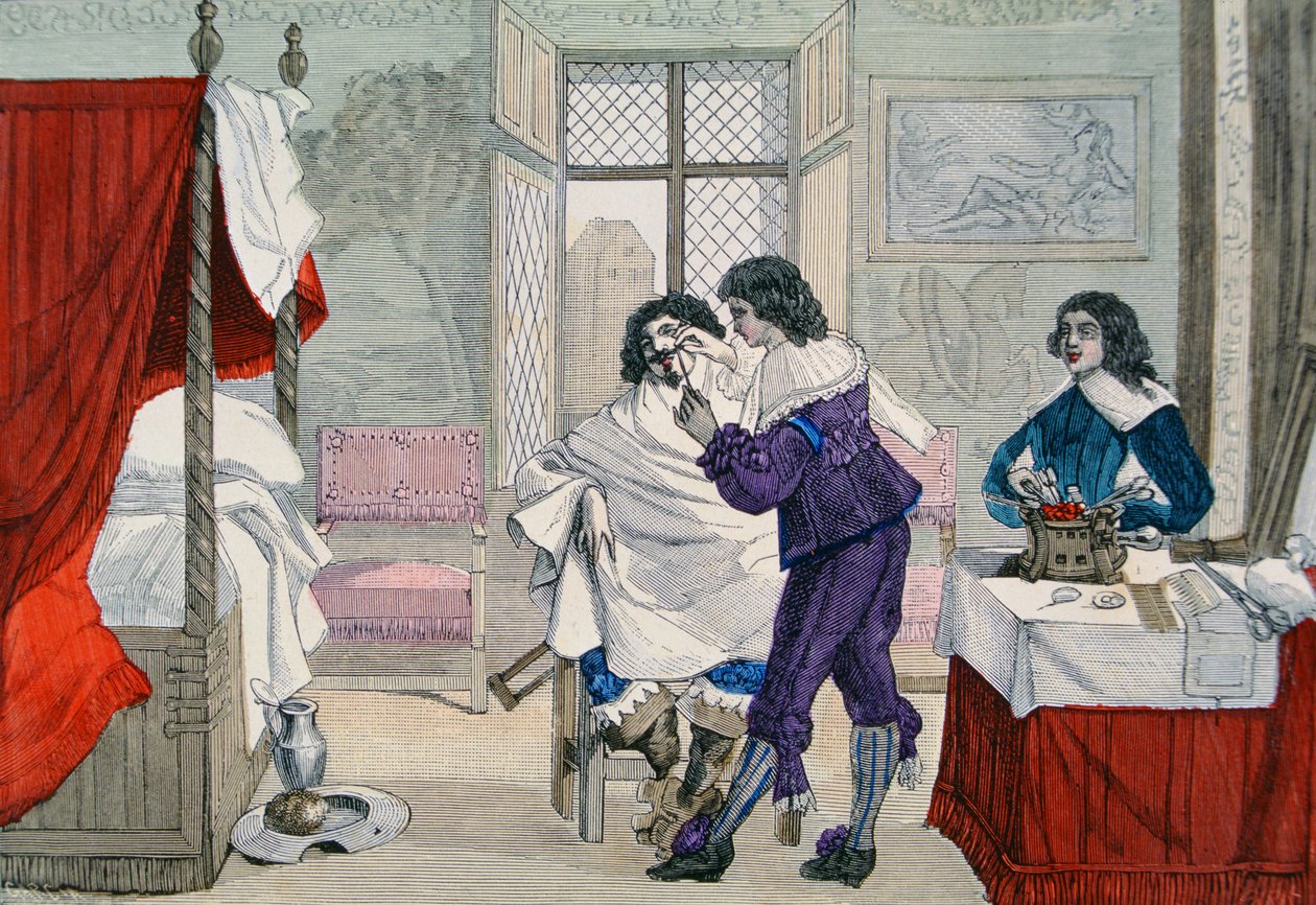 Interior de uma loja de barbeiro na época de Louis XIII (1601-43) de &39;Costumes de Paris, uma edição de Travers les Siecles&39;. Roy, publicado em 1887 (gravura a cores) de Garcia