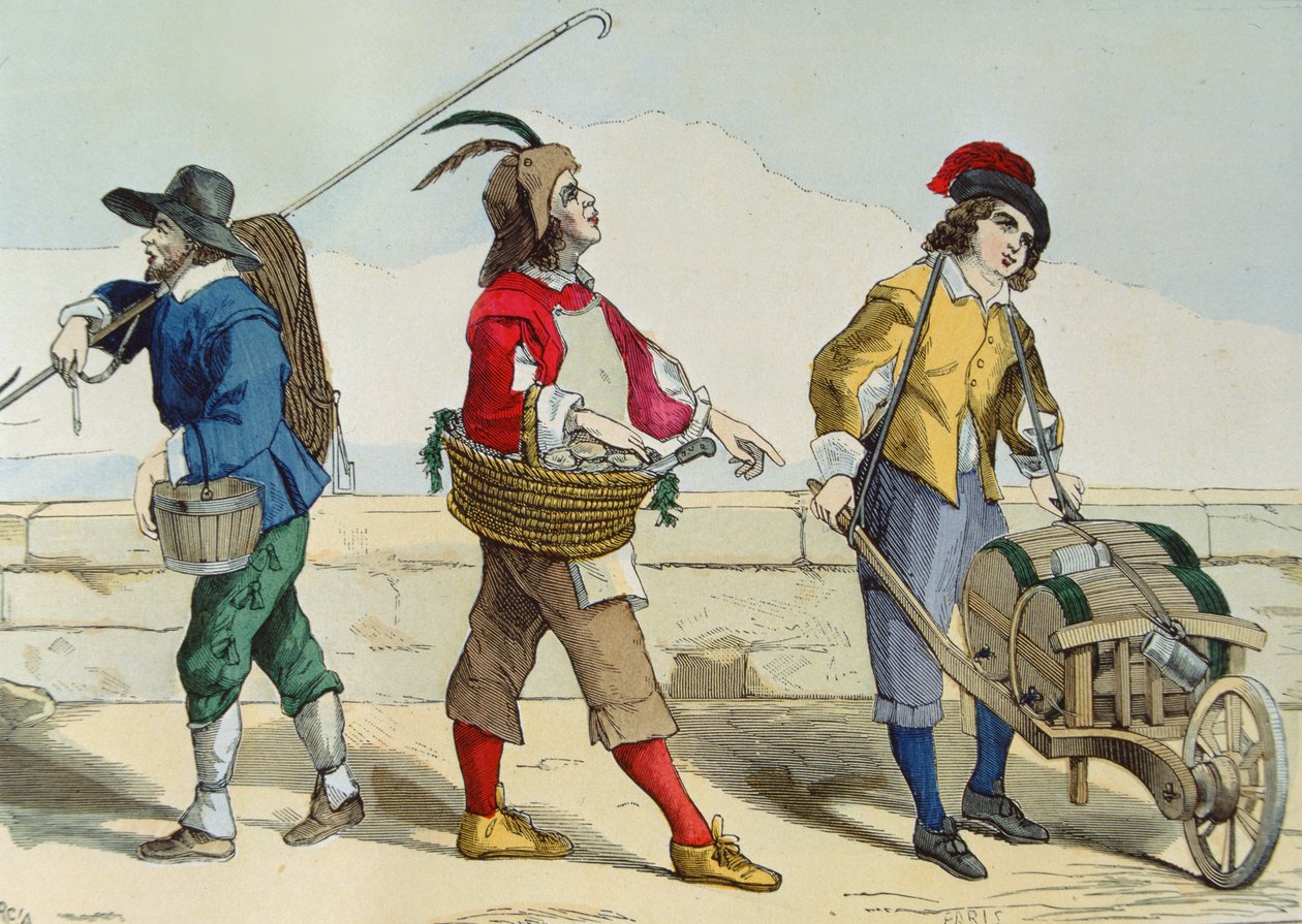 Bem mais limpo, Vendedor de Oyster e Vendedor de Vinagre na época de Louis XIII (1601-43), de &39;Costumes de Paris a Travers les Siecles&39; ed. Roy, publicado em 1887 (gravura a cores) de Garcia