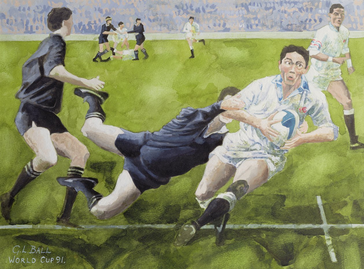 Rugby Match: Inglaterra x Nova Zelândia na Copa do Mundo de 1991, Rory Underwood sendo derrotado (wc) de Gareth Lloyd Ball