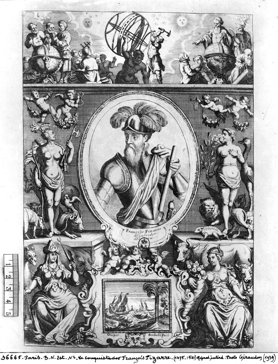Retrato de Francisco Pizarro (1475-1541) com figuras alegóricas de Gaspar Bouttats