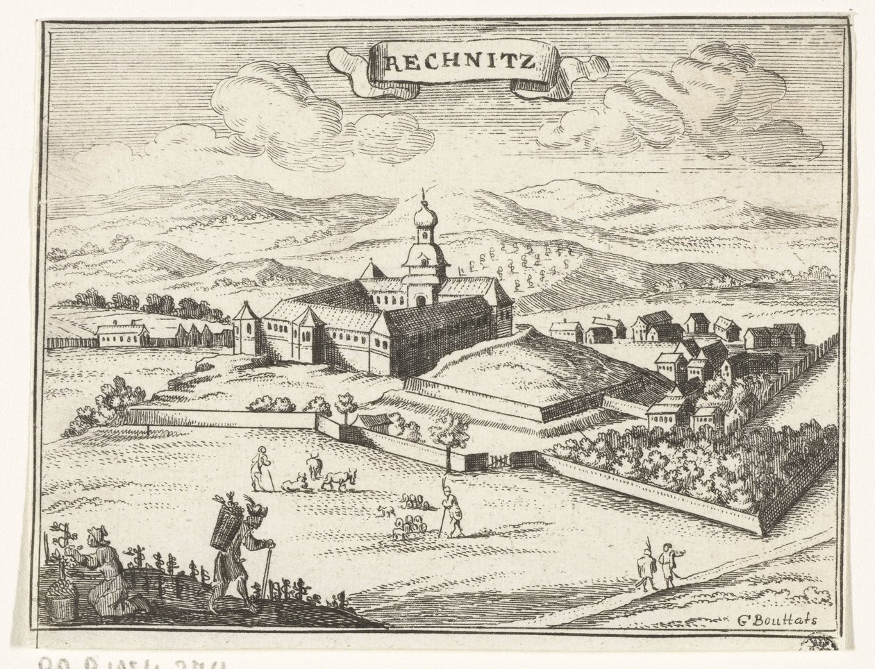 Vista de Rechnitz
Ilustrações topográficas da Áustria, da Hungria e dos Balcãs (título da série)
Korte beschryvinghe, en aen-wysinghe der plaetsen in desen boeck, met hunnen teghen woordighen standt, uyt-ghebeldt pertinent, in Oostenryck (ser de Gaspar Bouttats