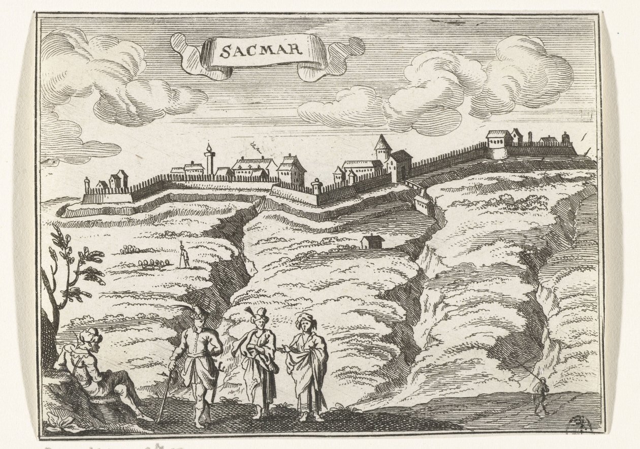 Vista de Satu Mare Imagens topográficas da Áustria, Hungria e Balcãs (título da série) Breve descrição, e os aen-wysinghe der placesen in desen boeck, com suas palavras teghen, de pé, pertinentemente uyt-ghebeldt, em Oostenryck (se de Gaspar Bouttats