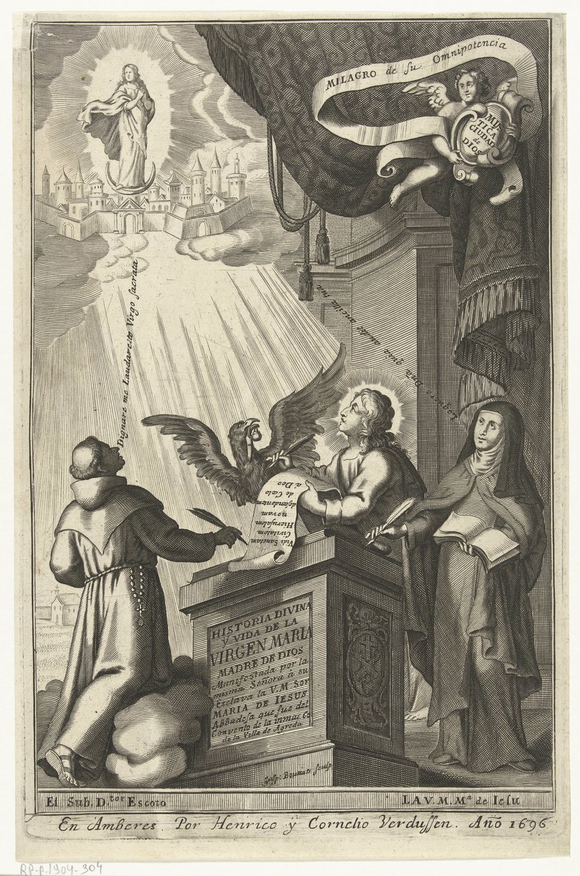 Virgem Maria é arrebatada para o reino dos céus Historia divina y vida de la Virgen maria (título no objeto) de Gaspar Bouttats