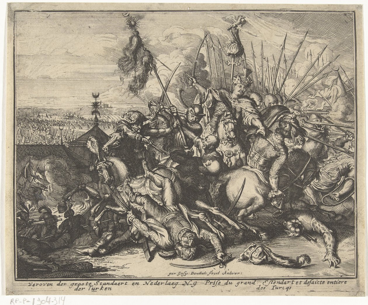 Derrota do exército otomano durante o cerco de Viena Breve descrição, e o aen-wysinghe der plaetsen in desen boeck, com suas palavras teghen, de pé, pertinentemente uyt-ghebeldt, em Oostenryck (título da série) de Gaspar Bouttats