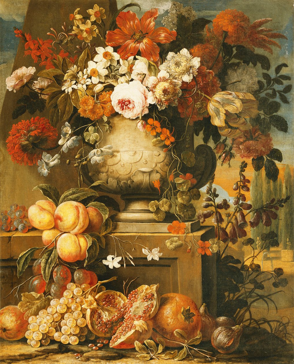 Flores em urnas em socos com frutas, de Gaspar Pieter II Verbruggen