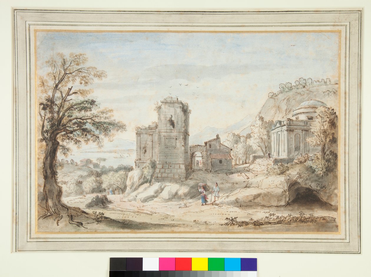 Paisagem com ruínas e um templo (caneta e tinta marrom e lavagens coloridas) de Gaspar van Wittel
