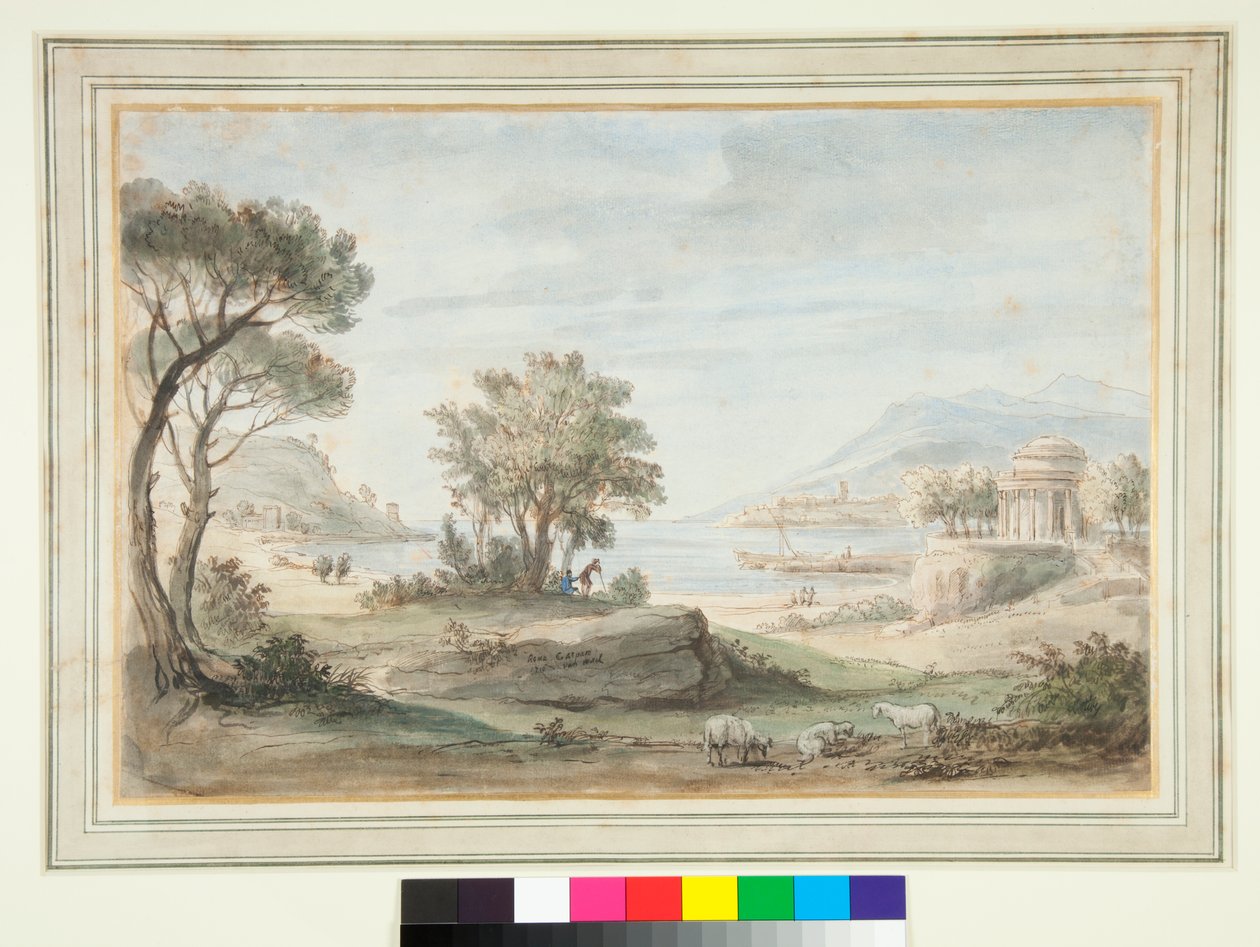 Paisagem com um templo redondo (caneta e tinta marrom e lavagens coloridas) de Gaspar van Wittel