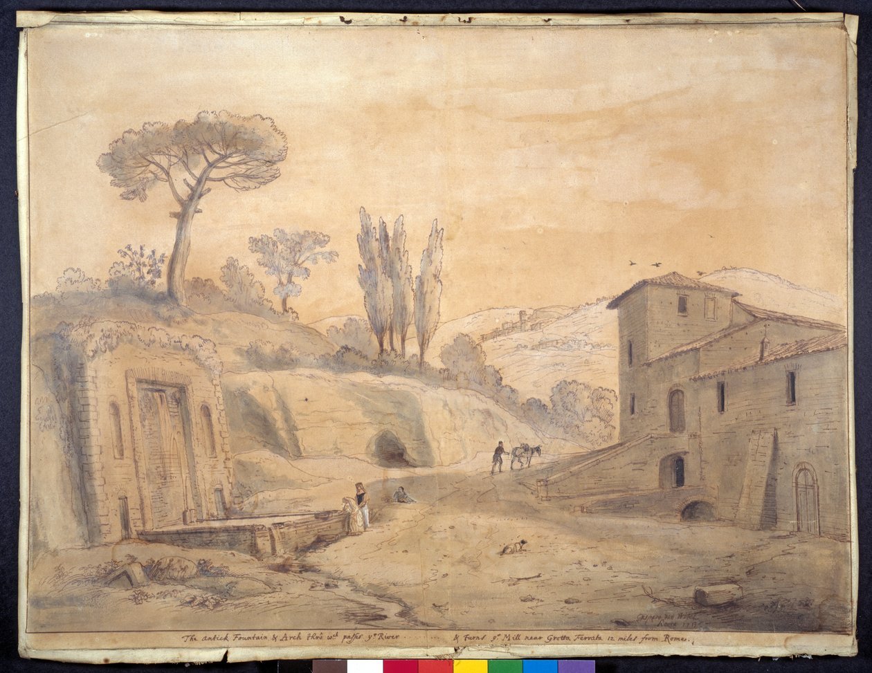 A Fonte Antiga e Arco em Grottaferrata, Roma (caneta e tinta com aguarela sobre papel) de Gaspar van Wittel