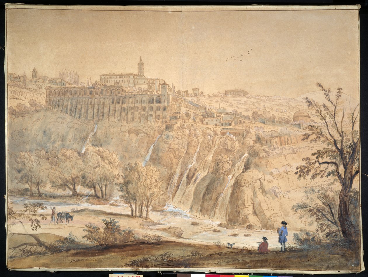 Vista do Mosteiro Basiliano em Grottaferrata, Roma (caneta e tinta com aguarela sobre papel) de Gaspar van Wittel