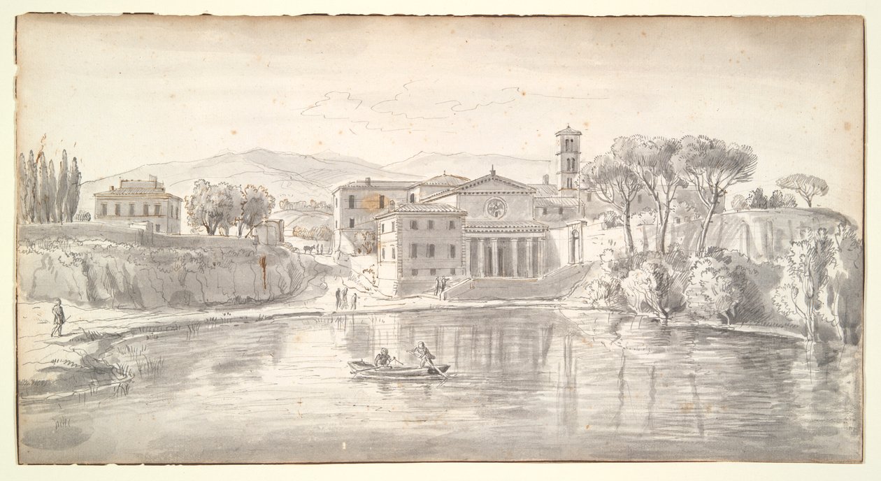 Igreja e Casas ao longo de um rio de Gaspar van Wittel