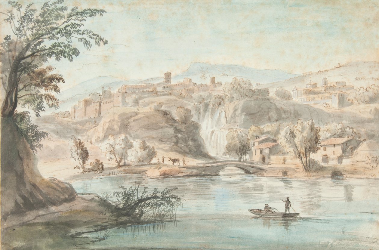 Paisagem no Tivoli, 1701-10 (caneta, tinta marrom e lavagens coloridas no papel) de Gaspar van Wittel