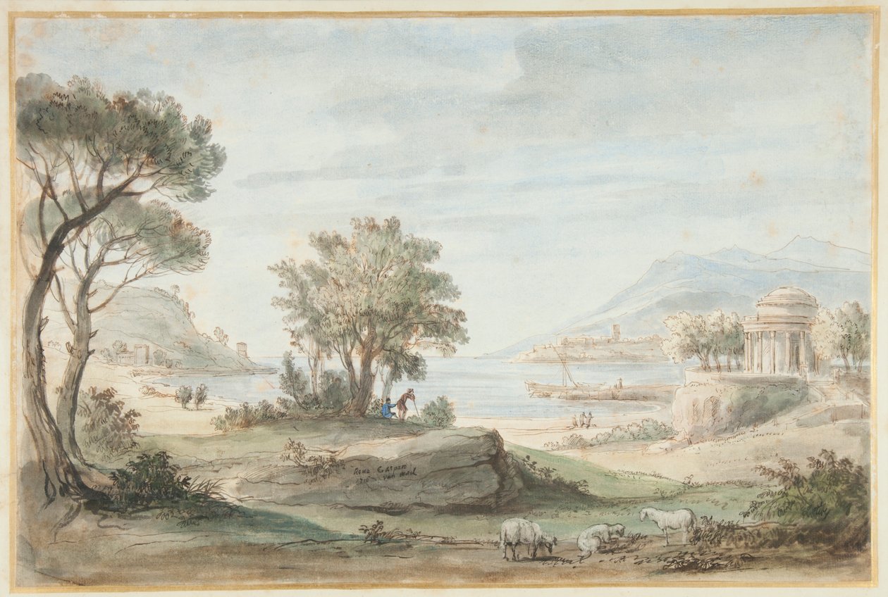 Paisagem com um templo redondo (caneta, tinta marrom e lavagens coloridas no papel) de Gaspar van Wittel