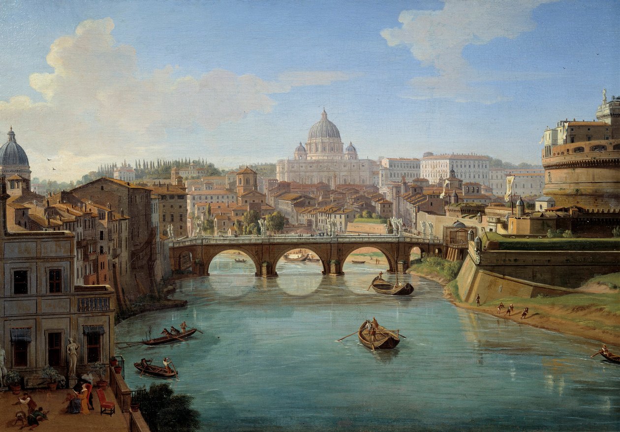 Vista da Basílica de São Pedro em Roma, detalhe da pintura “” Vista do Castelo de Santo Ângelo em Roma ”Panorama da cidade, o Tibre e o Castelo Sant" Angelo, mausoléu do Imperador Adriano ”” Quadro de Gaspare Vanvitelli de Gaspar van Wittel