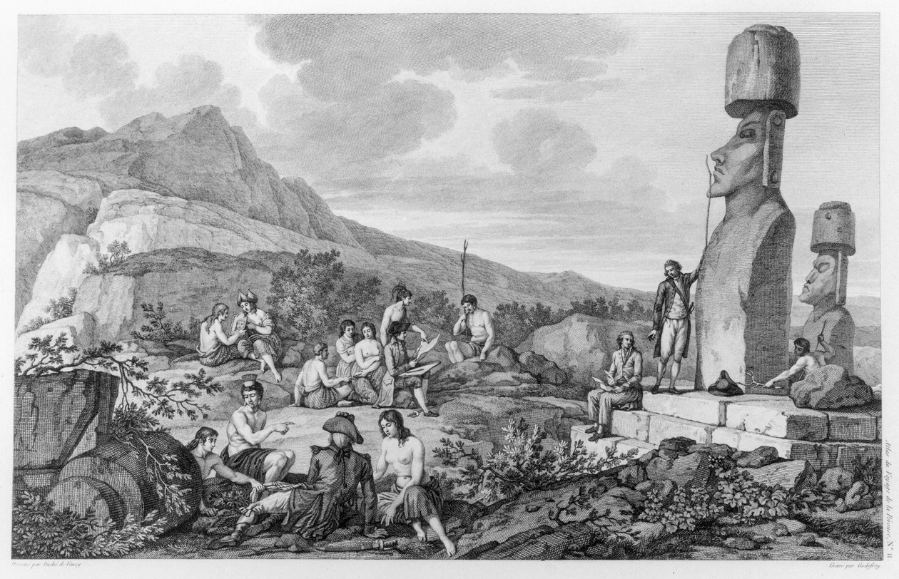 Insulares e Monumentos da Ilha de Páscoa, prato 11 do Atlas de Viagem de La Perouse, 1785-88 de Gaspard Duche de Vancy