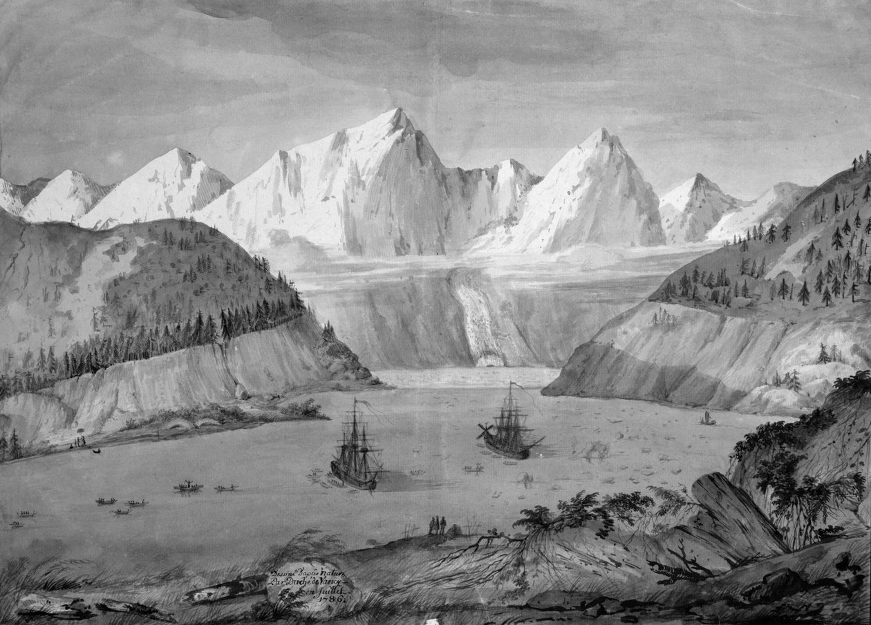 Le Port des Francais, Alasca, de &39;Voyage de La Perouse&39;, julho de 1786 (caneta e tinta sobre papel) (ver também 375728) de Gaspard Duche de Vancy