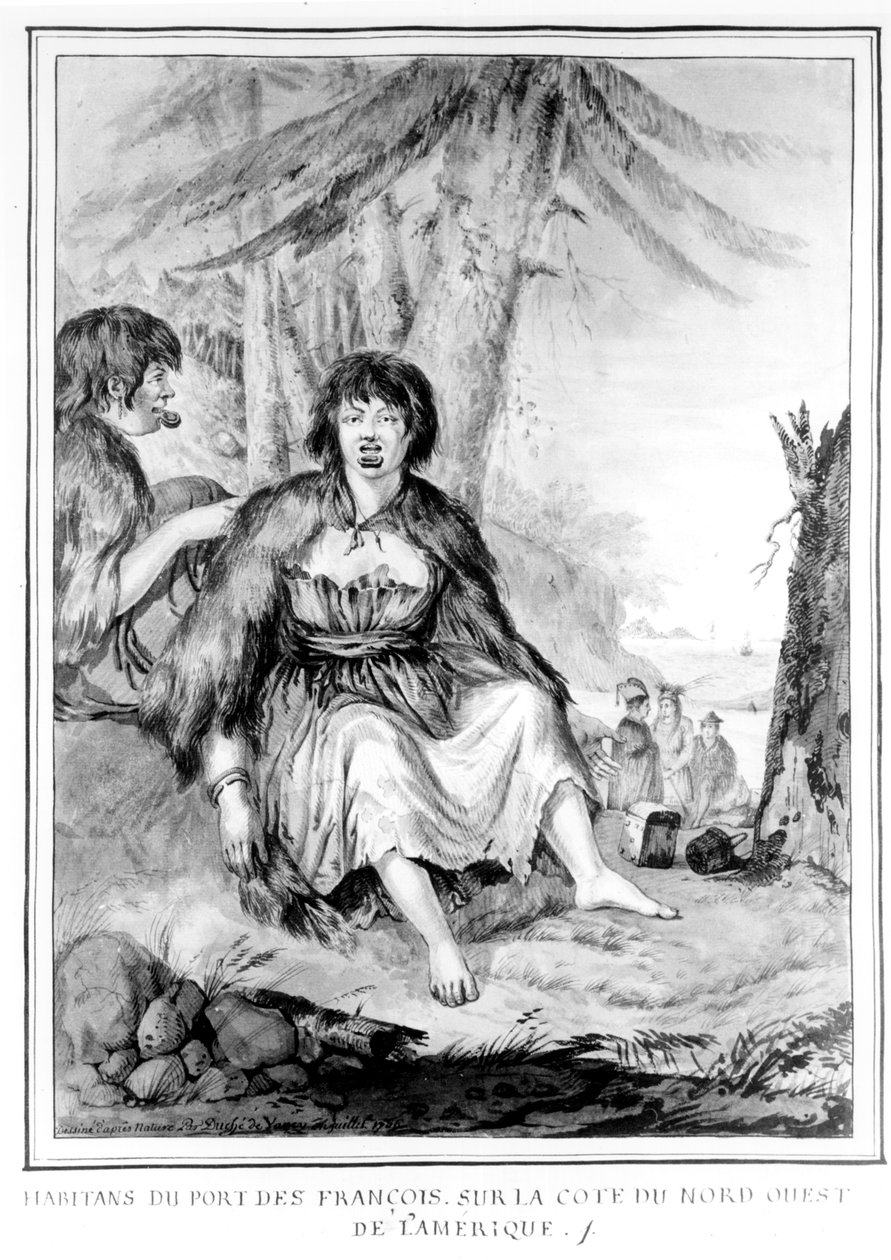 Habitantes nativos perto de Port des François, na costa noroeste da América, de &39;Voyage de La Perouse&39;, 1786 (caneta e tinta sobre papel) de Gaspard Duche de Vancy