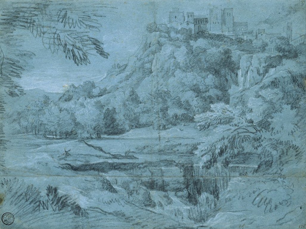 Paisagem, com, cidade montanha, e, cachoeira de Gaspard Poussin Dughet