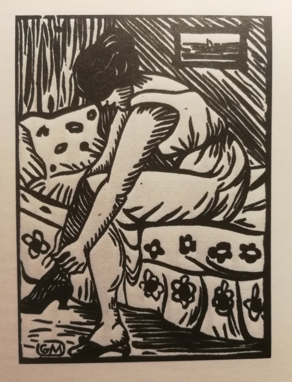 Mulher, puxando, dela, meias, madeira, gravura, Galerie, Barbery, (Paris) de Gaspard Maillol