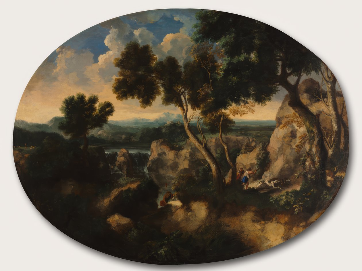 Paisagem rochosa com caçadores de Gaspard Dughet