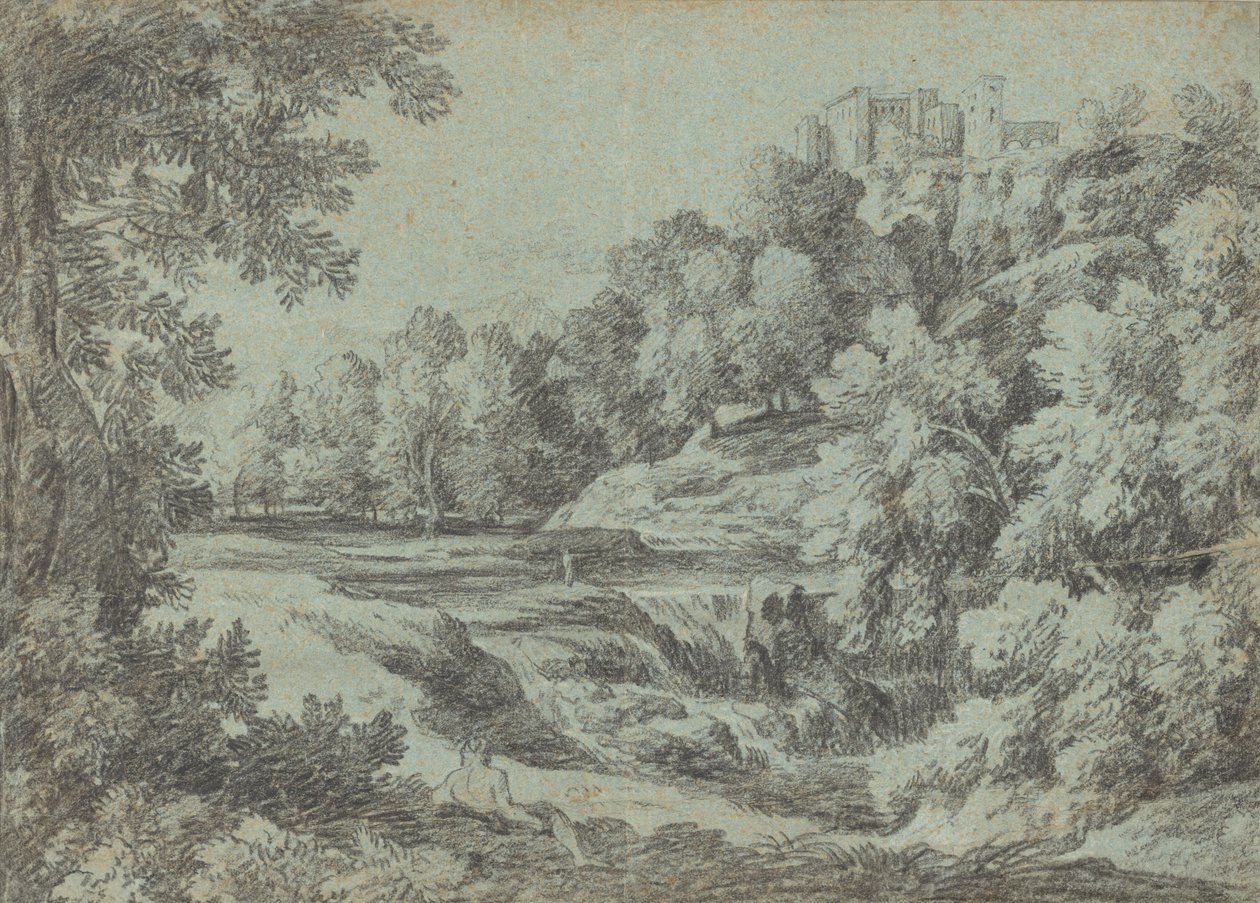 Paisagem italiana com fortificações e uma cachoeira de Gaspard Dughet