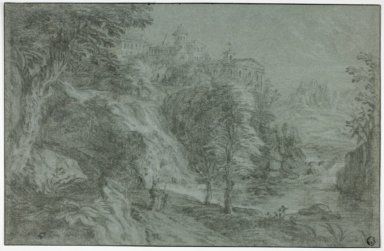 Paisagem italianizada com igreja num penhasco de Gaspard Dughet