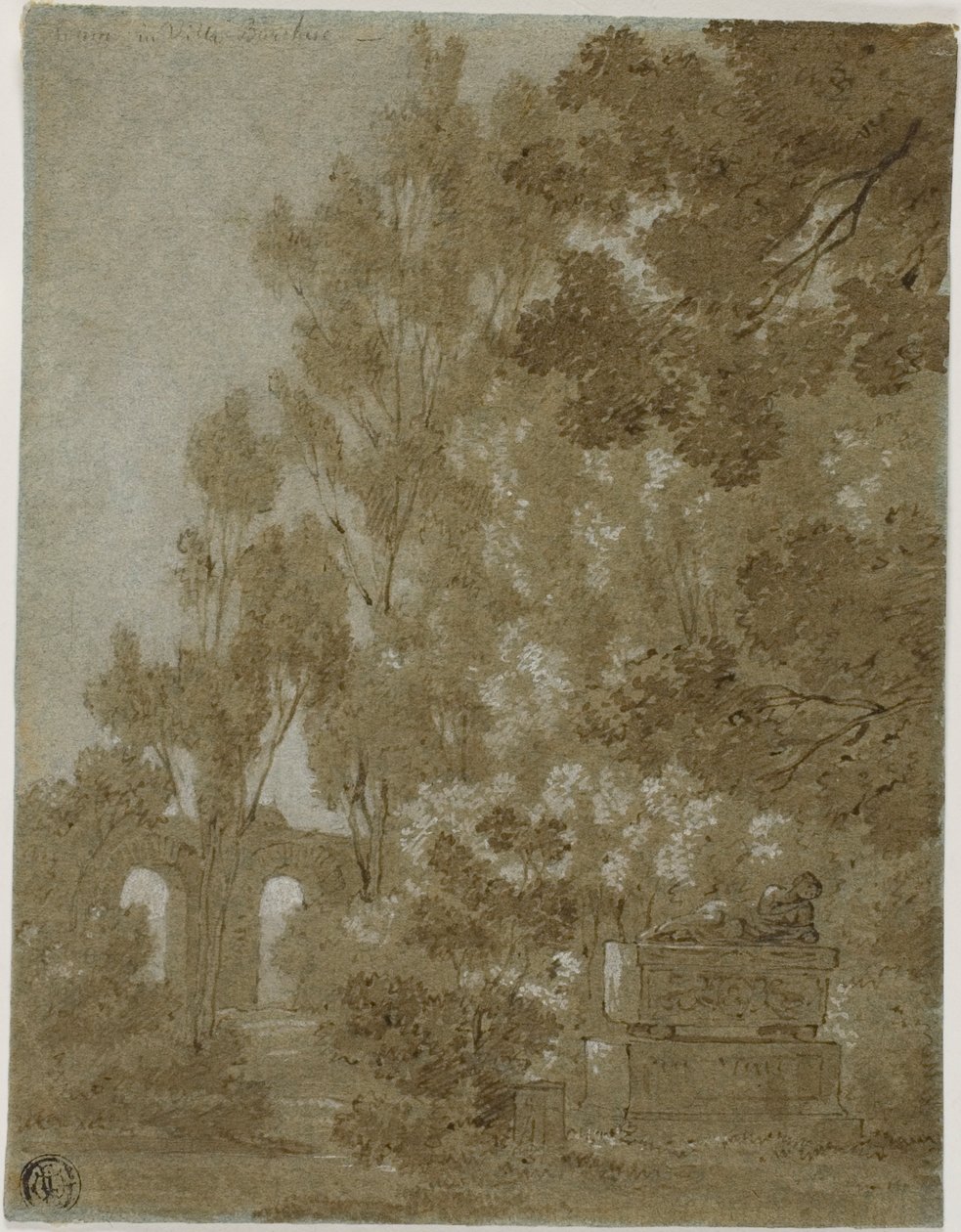 Vista dos arcos em ruínas e do túmulo na Villa Borghese de Gaspard Dughet