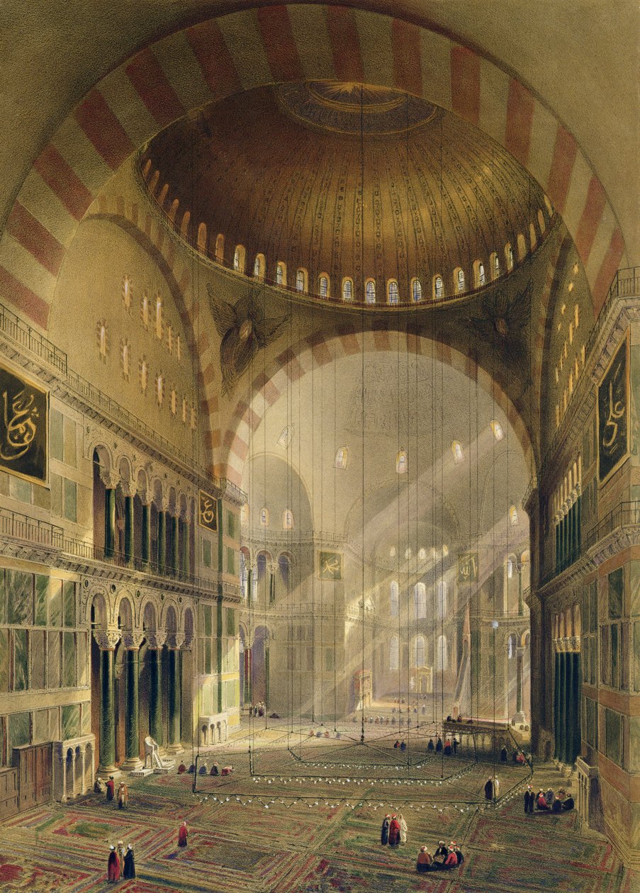Haghia Sophia, placa 24: interior da cúpula central com candelabros rebaixados, gravada por Louis Haghe (1806-85), publicada em 1852 de Gaspard Fossati