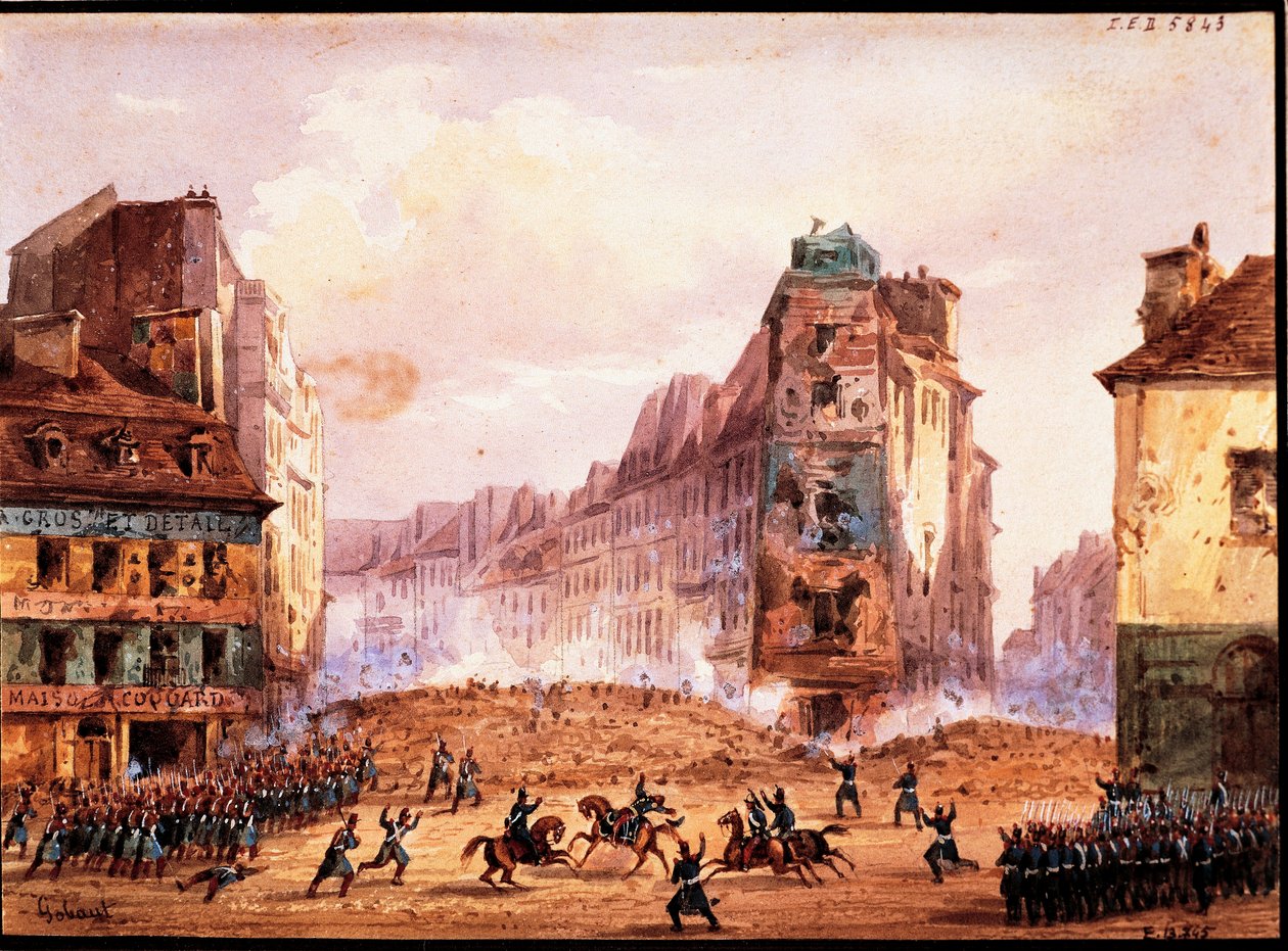 Cena da Revolução de 1848, barricada Culture Sainte Catherine Street no mês de Fevereiro, por Gobaut, França de Gaspard Gobaut
