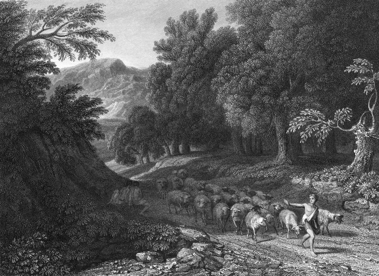 Paisagem com pastor e rebanho (gravura) de Gaspard Poussin (after) Dughet