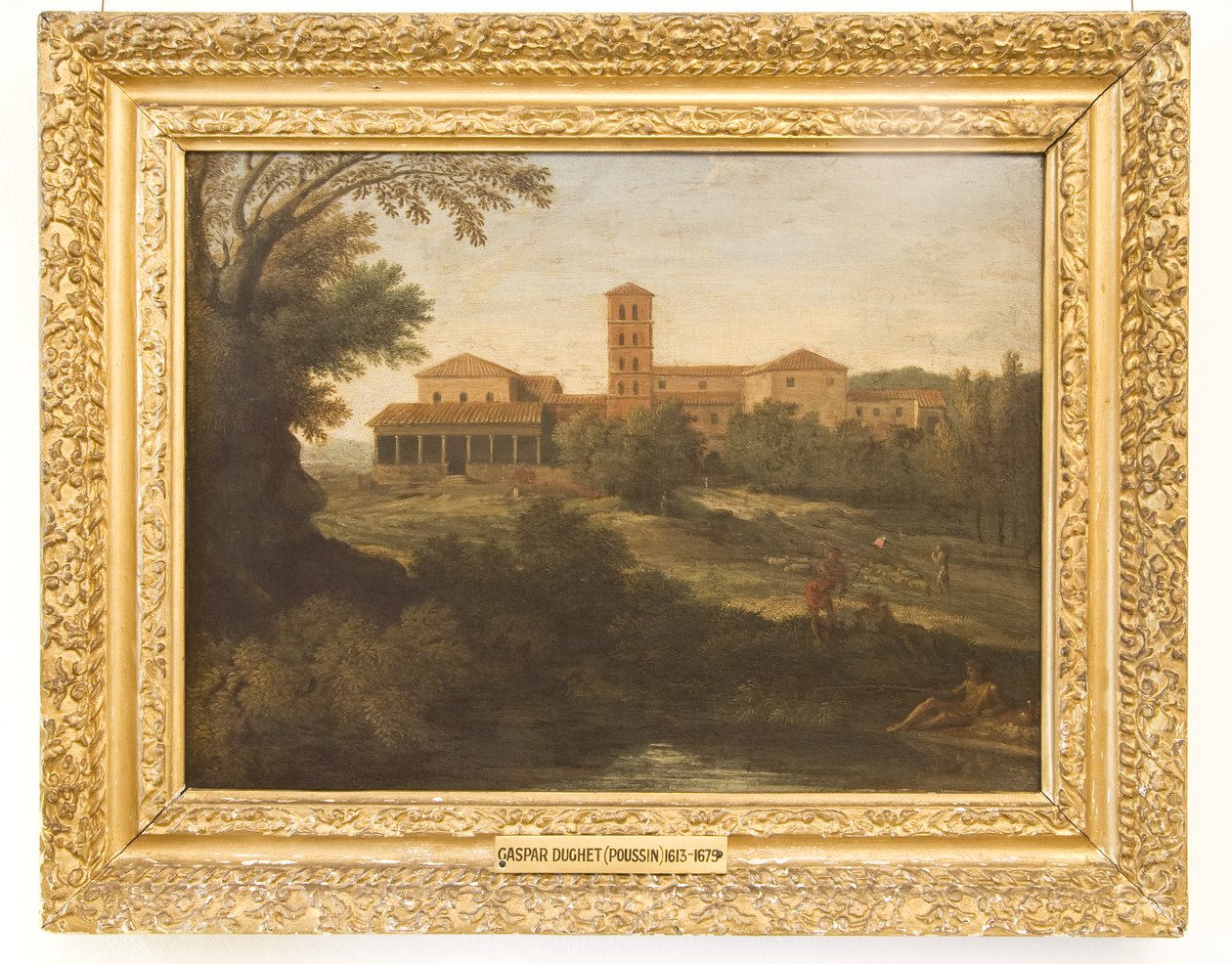 Paisagem clássica com um homem dirigindo um rebanho de ovelhas de Gaspard Poussin Dughet