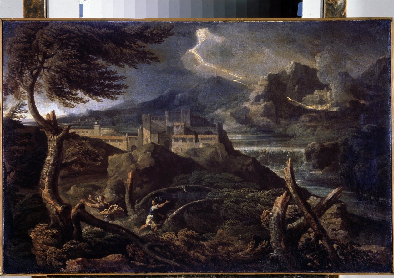 "Paisagem com raios" Pintura de Gaspard Dughet (1615-1675) 1670 aproximadamente Dim. 40x62,5 cm Museu Hermitage, São Petersburgo (São Petersburgo) de Gaspard Poussin Dughet