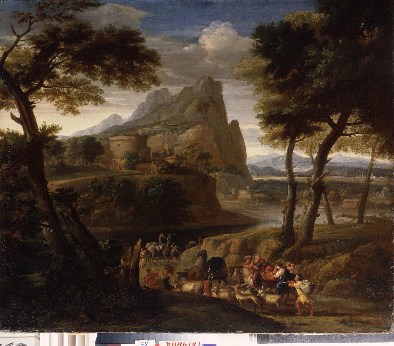 ""Paisagem com grupo de viajantes"" (Paisagem com caravana) Pintura de Gaspard Dughet (1615-1675) Museu ao ar livre do século XVII Palácio Gatchina, São Petersburgo de Gaspard Poussin Dughet