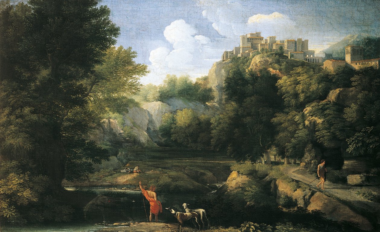 Paisagem fluvial mostrando pastores de Gaspard Poussin Dughet