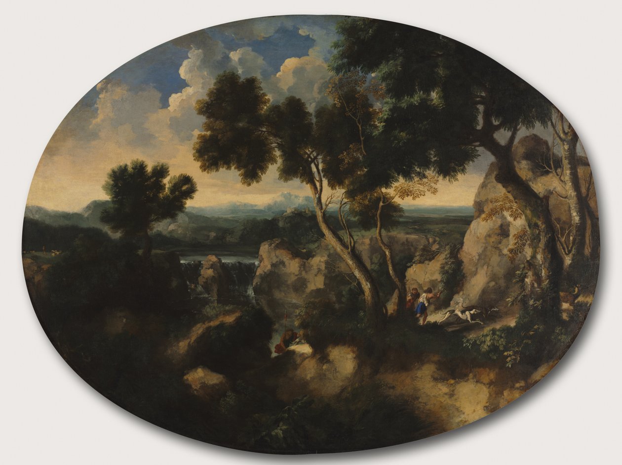 Paisagem rochosa com caçadores, c.1635 de Gaspard Poussin Dughet