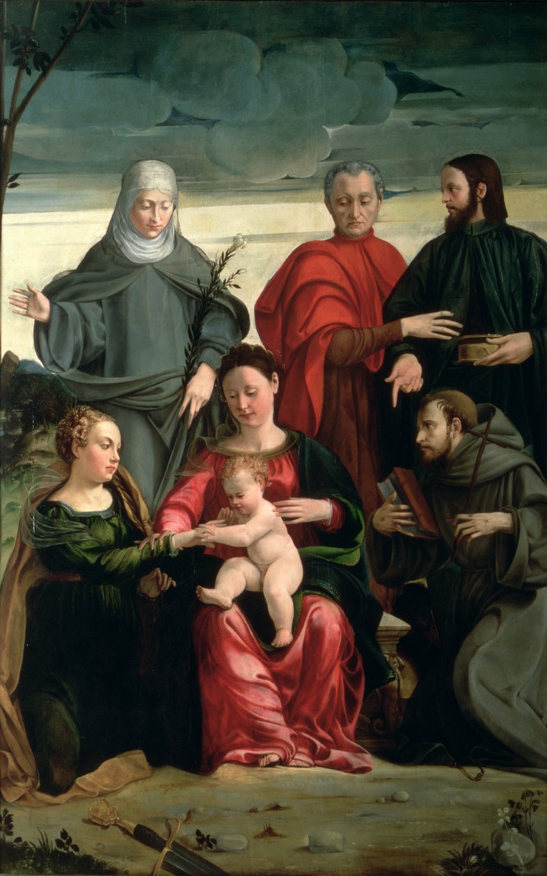 O casamento místico de Santa Catarina com São Francisco, Santa Clara, São Cosme e São Damião de Gaspare Pagani