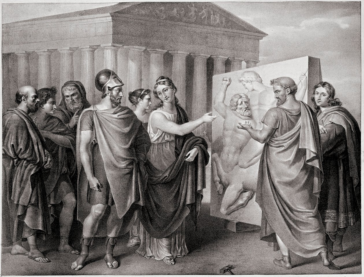 O político ateniense Péricles (495-429 AC) e Aspasie, seu companheiro, dirigem o trabalho de Phidias para o Pártenon a Athenes (Péricles e Aspasia dirigem o trabalho de Phidias para o Pártenon em Atenas) Gravura depois de uma pintura de Gaspare Landi (1756 de Gaspare Landi