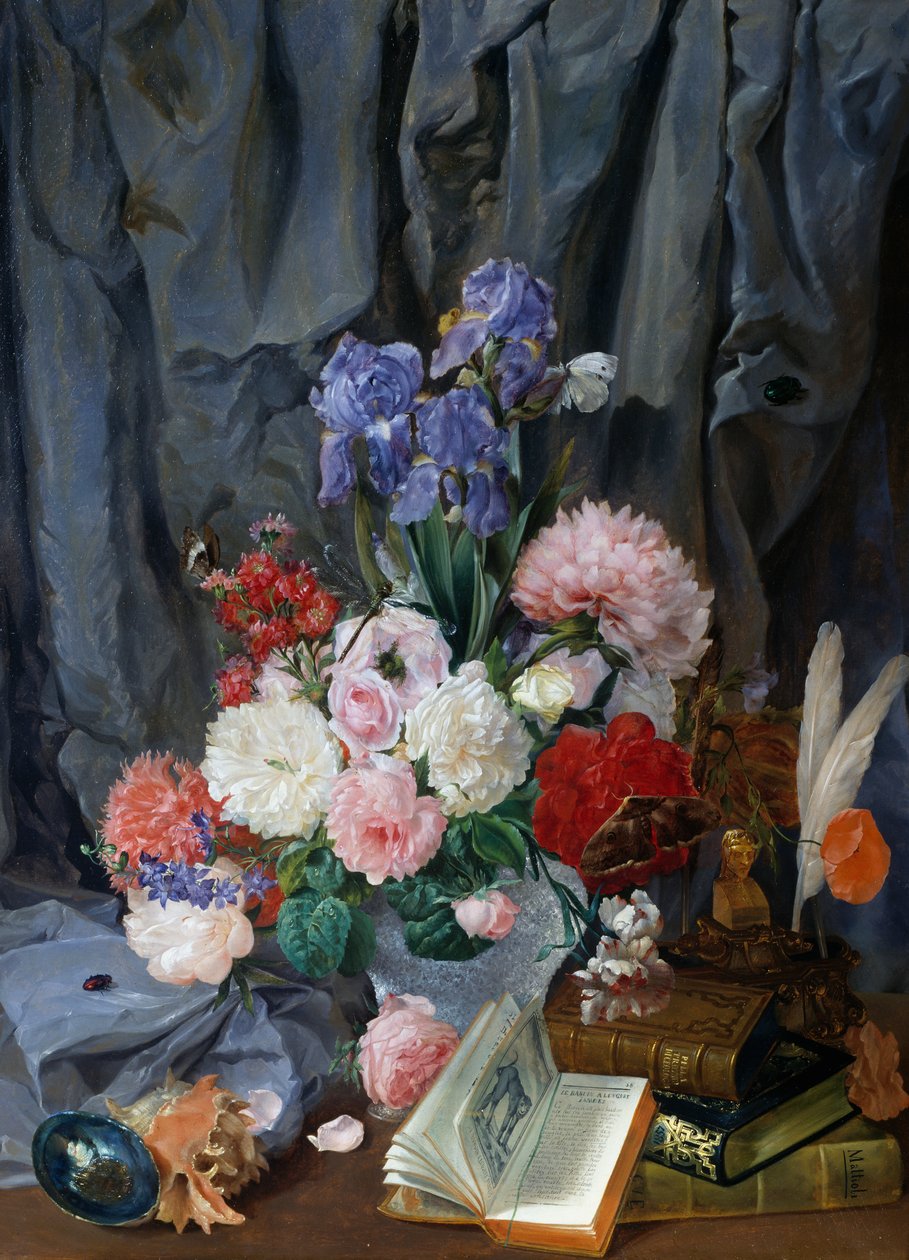 Natureza morta com vaso de flores cortadas, conchas e livros, de Gaspare Mattioli, óleo sobre tela, Itália de Gaspare Mattioli