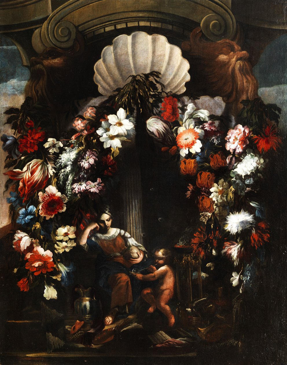 Alegoria das artes e ciências (com putto com zarabatana e bolha de sabão). de Gasparo Lopez