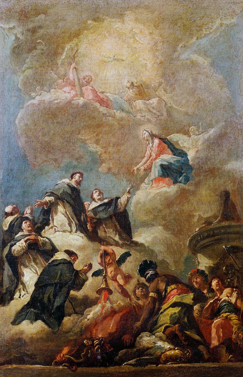 Santos dominicanos em glória, ca 1750, por Gaspare Diziani (1689-1767), óleo sobre tela, 64x42 cm, esboço para a abóbada na Igreja de São Bartolomeu em Bergamo de Gasparo Diziani