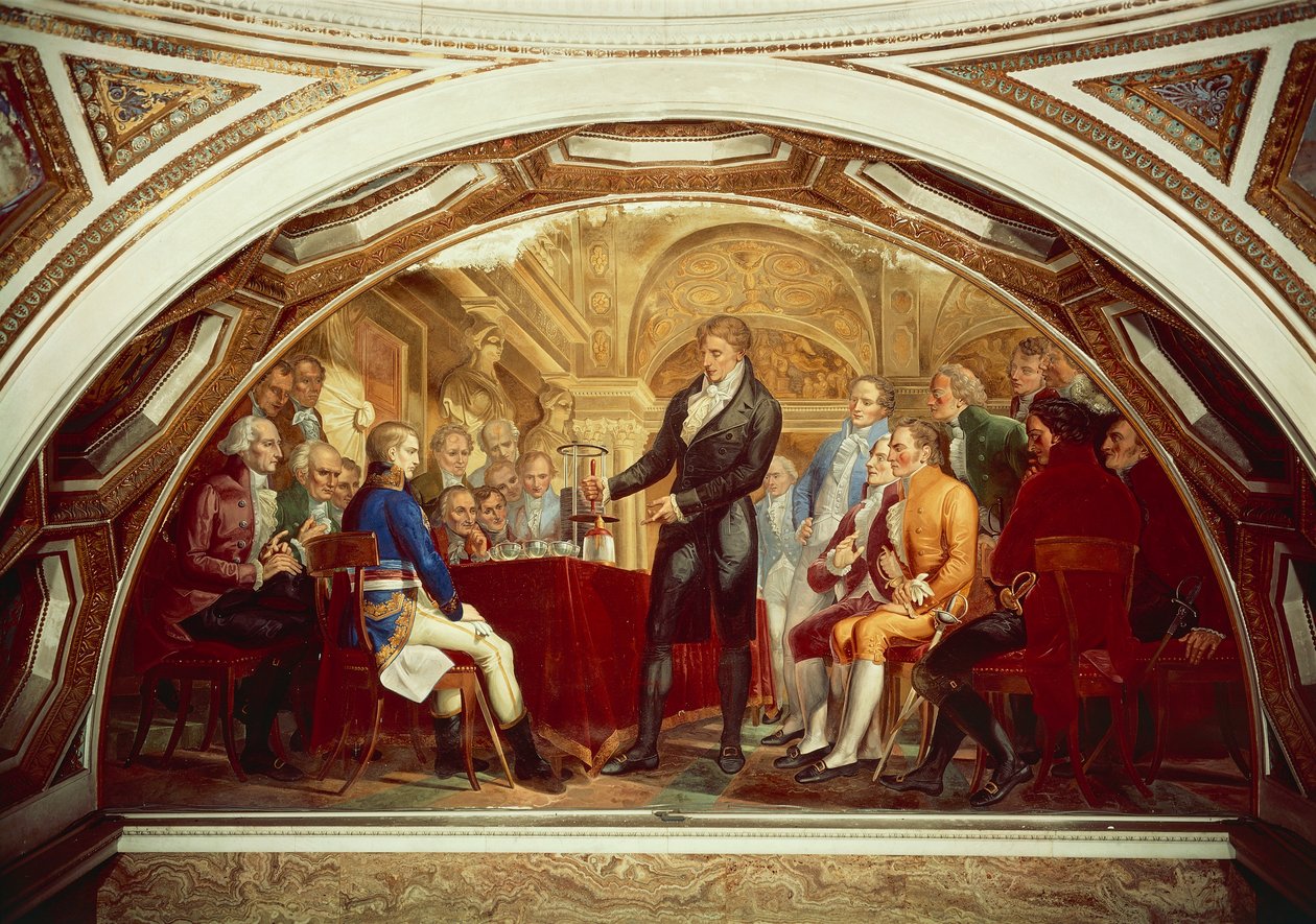 Alessandro Volta (1745-1827) exibindo sua bateria recém-inventada para Napoleão (1769-1821) no Institut de France em Paris, 7 de novembro de Gaspero Martellini