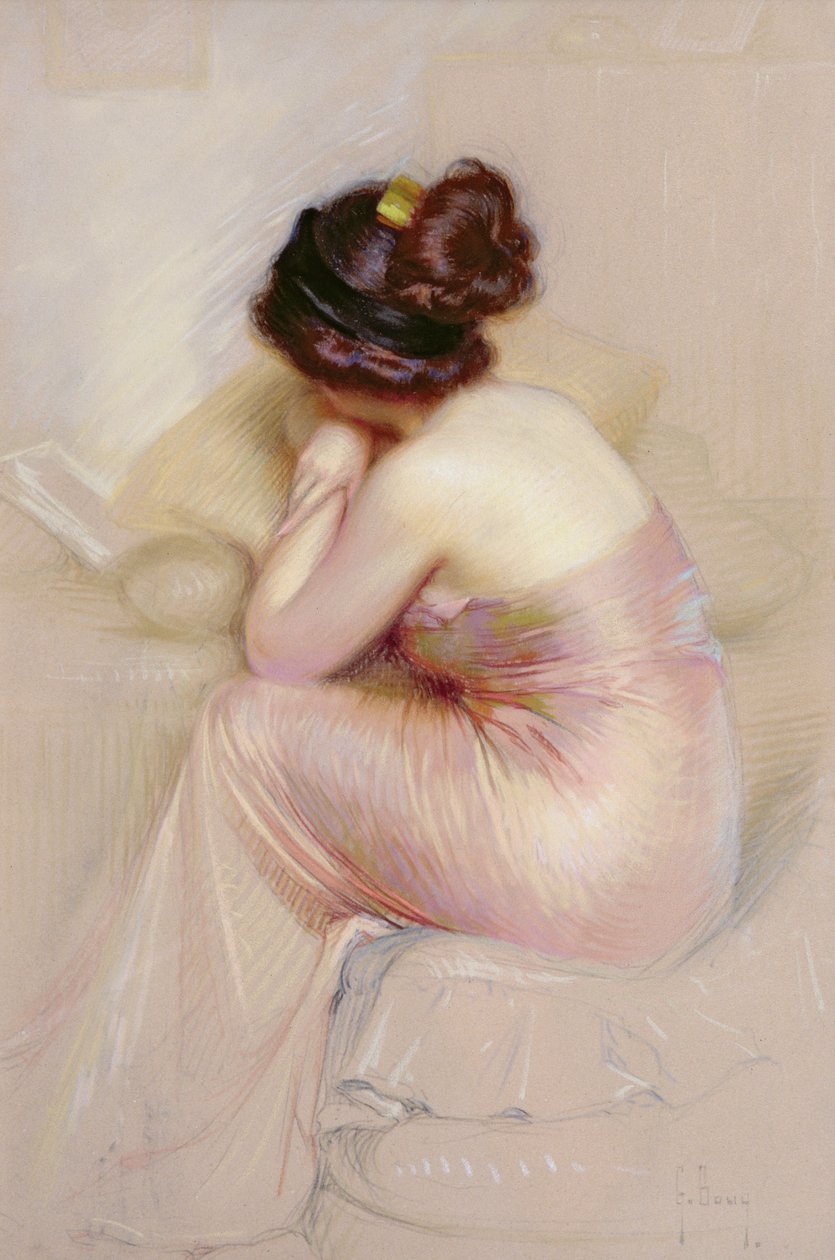 Estudo de jovem em um vestido de cetim (pastel sobre papel) de Gaston Bouy