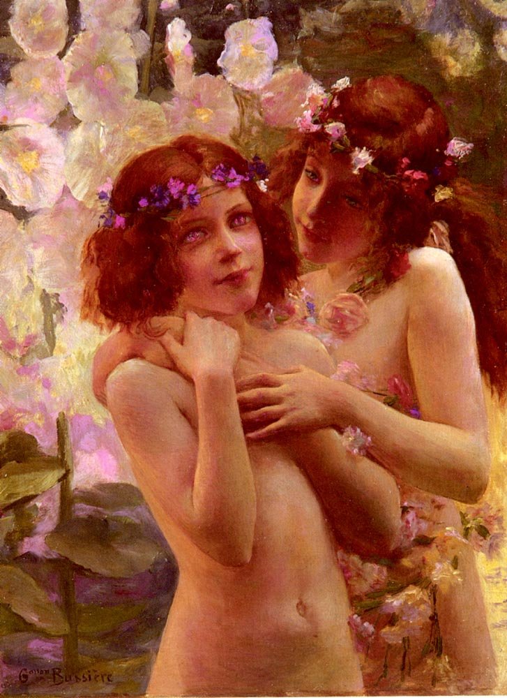 Duas crianças, com, coroas, de, FlowersnFrancais :, duas crianças, com, flor, Crownsn de Gaston Bussiere