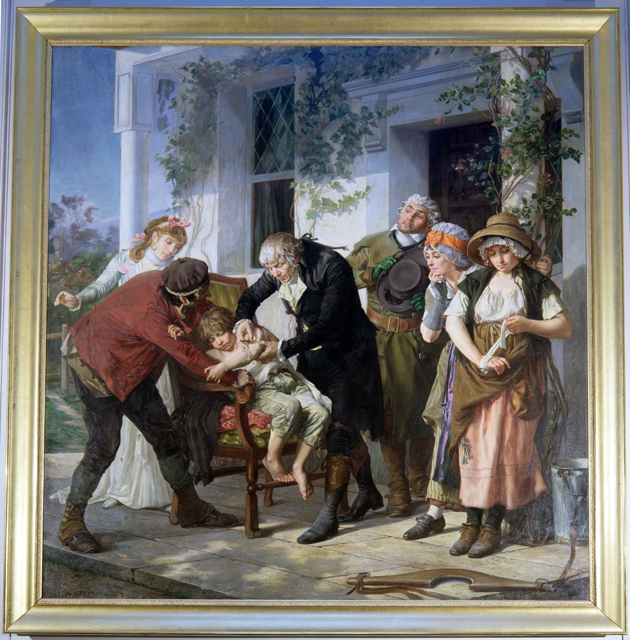 Edward Jenner (1749-1823) realizando a primeira vacinação contra a varíola em 1796, 1879 (ver também 199739) de Gaston Melingue