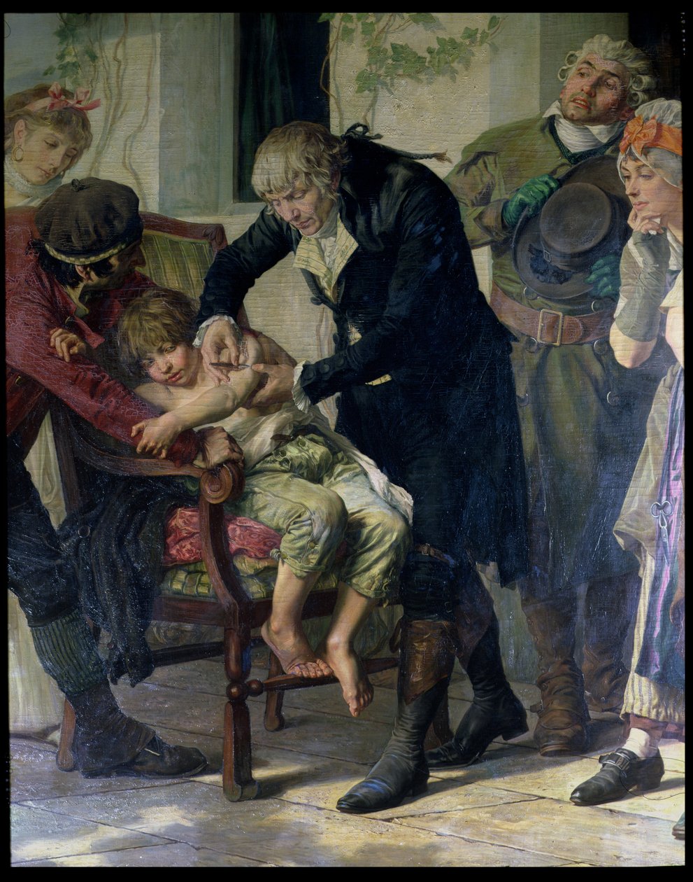 Edward Jenner (1749-1823) realizando a primeira vacinação contra a varíola em 1796, 1879 (detalhe) de Gaston Melingue