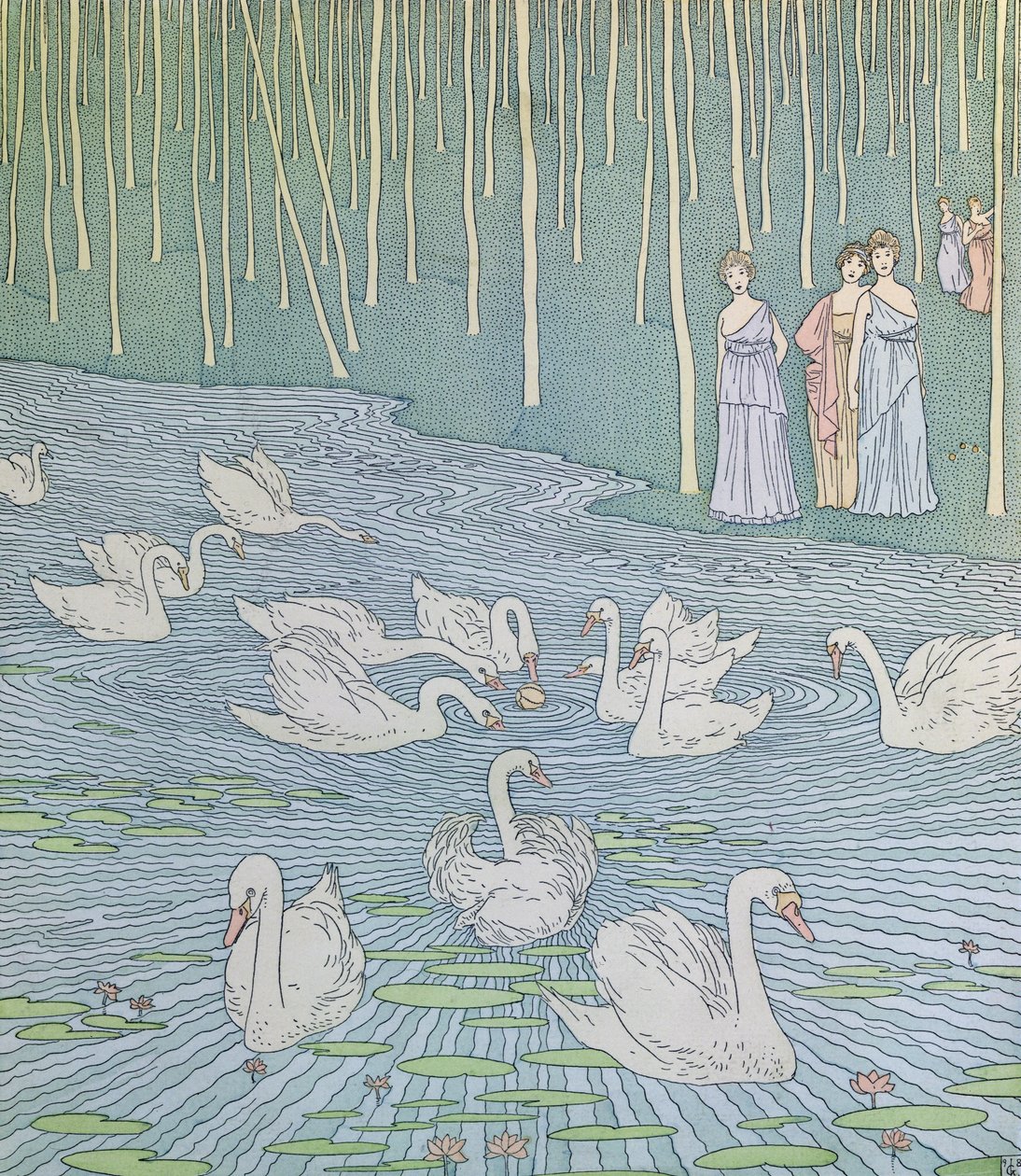 Nausicaa e suas companheiras brincando com uma bola, ilustração do Livro 6 da Odisséia, traduzida por Lecomte de lIsle, c.1900 de Gaston de Latenay